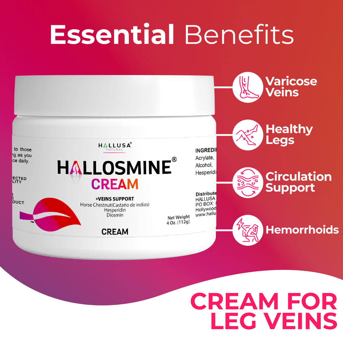 Varicose Veins Leg Cream - 4oz with Diosmin & Horse Chestnut