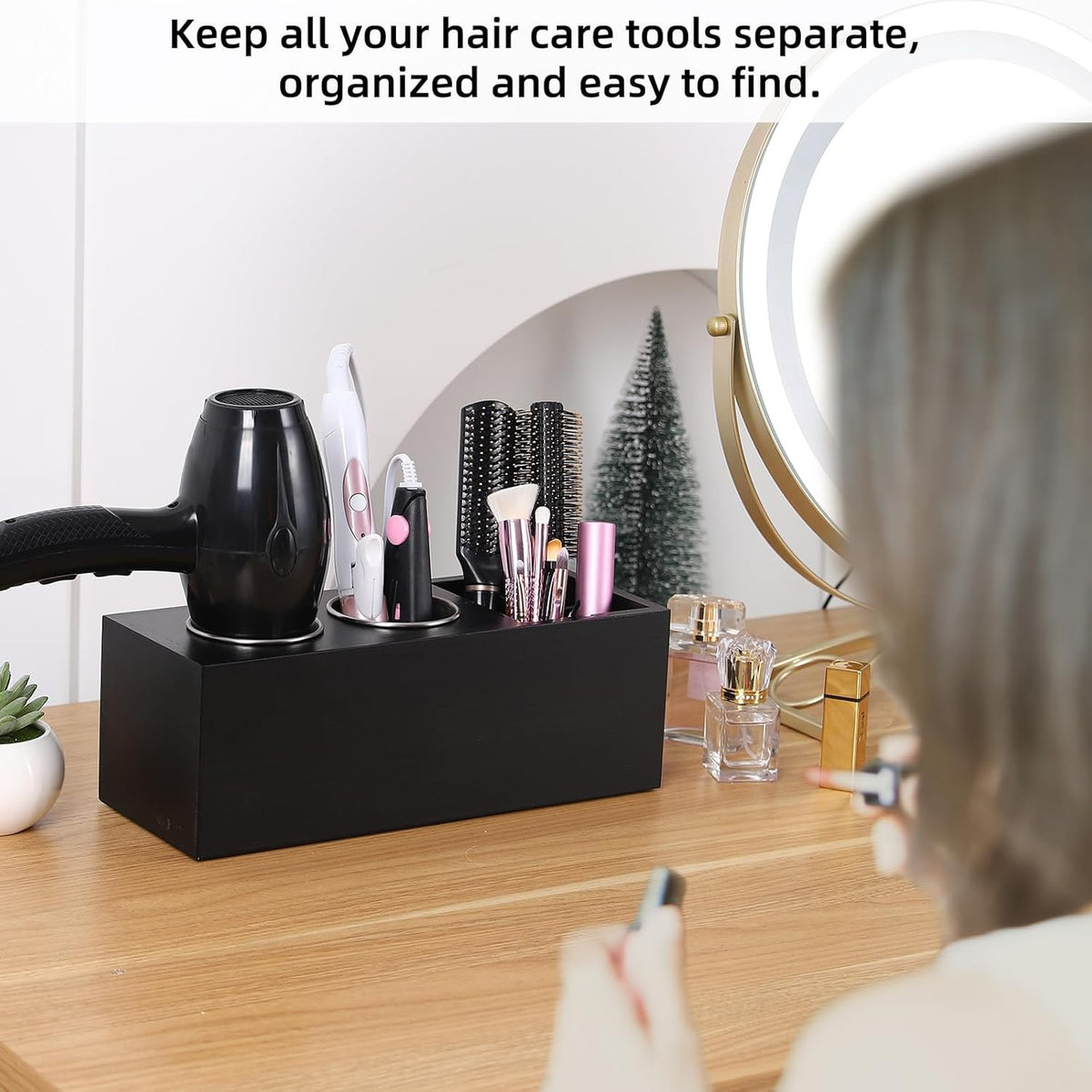 Wall Mount Hair Dryer and Curling Iron Organizer in Cedar Wood - Black