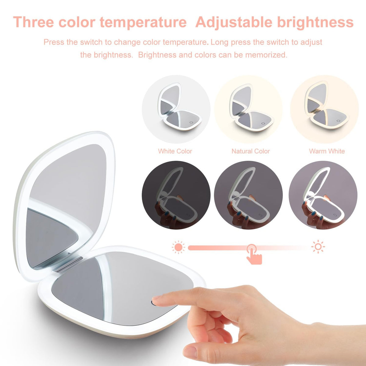 Rechargeable LED Travel Makeup Mirror with 1X/10X Magnification, Dimmable 4 Inch White