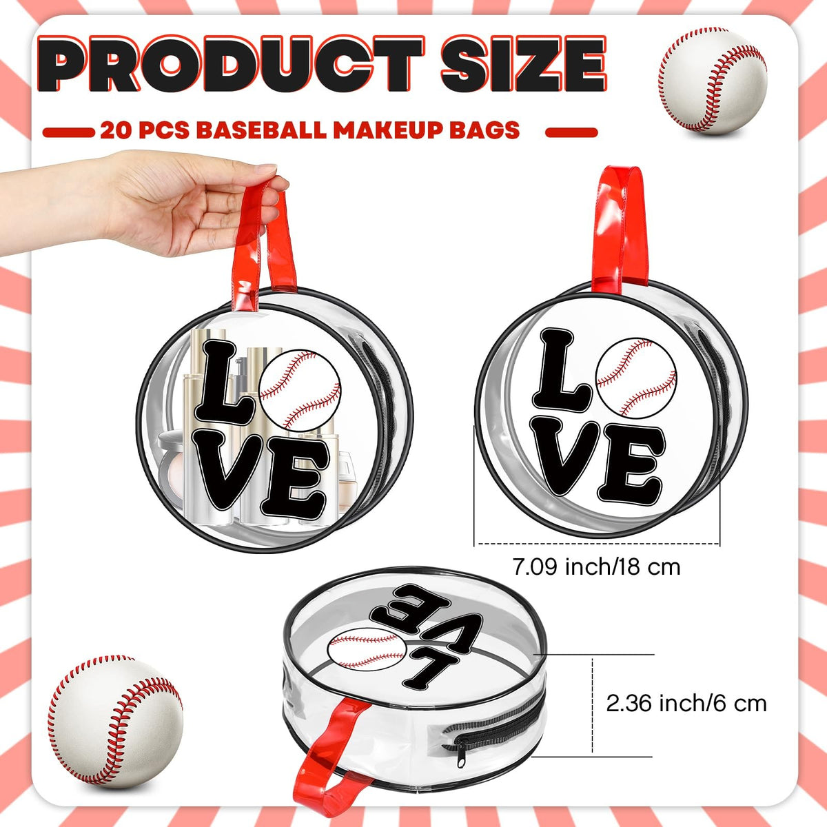 20 Pcs Baseball Cosmetic Bags Waterproof Clear Travel Makeup Organizer