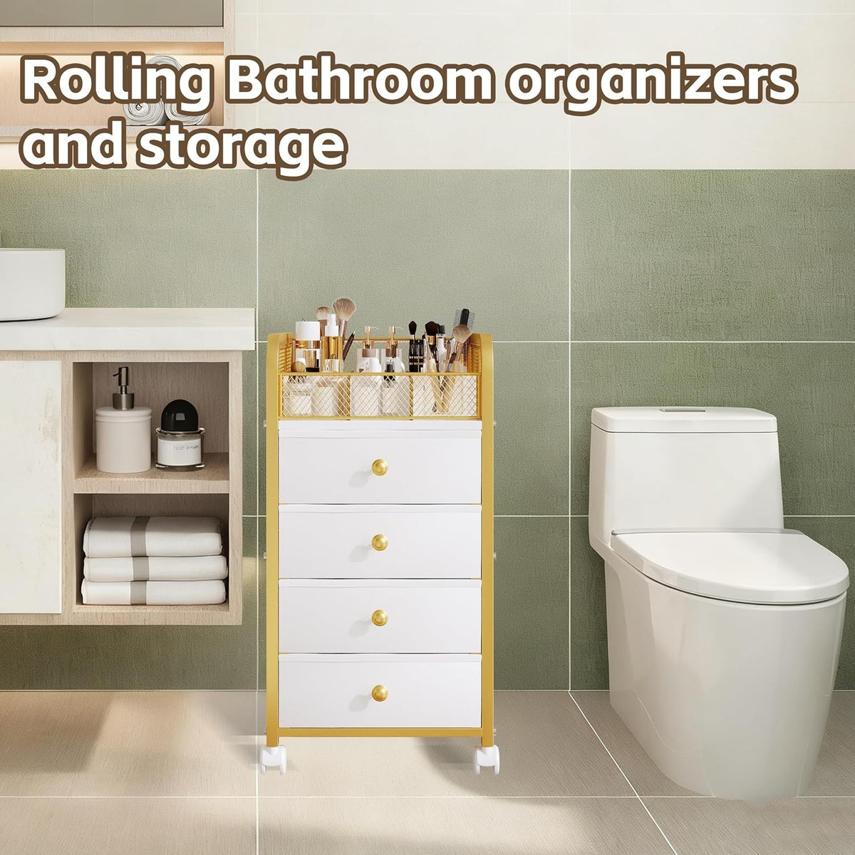 Rolling Makeup Organizer Cart with 4 Drawers and Lockable Wheels - Space Saving Vanity Storage