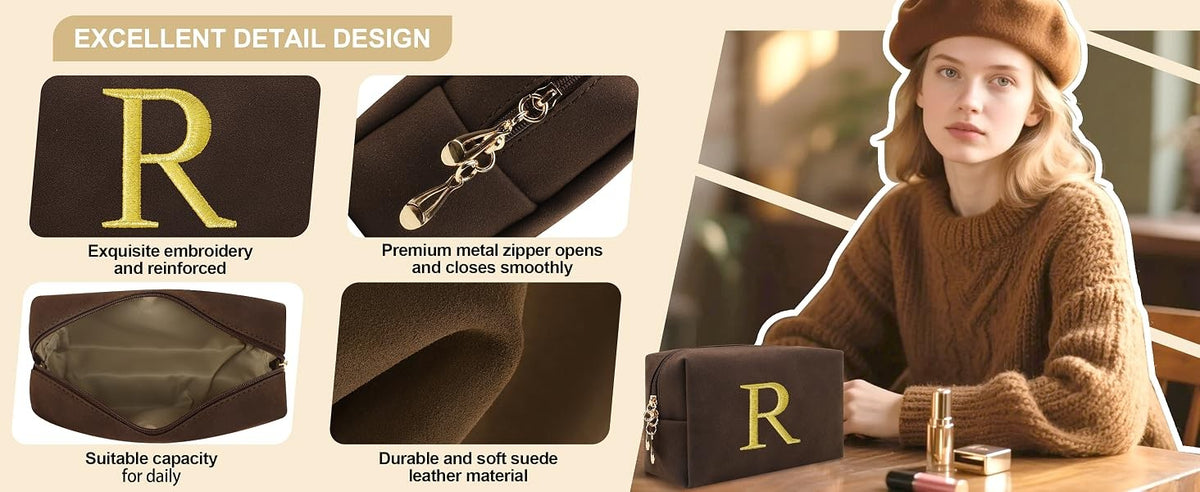 Personalized Initial Makeup Bag - Small Waterproof Cosmetic Travel Organizer