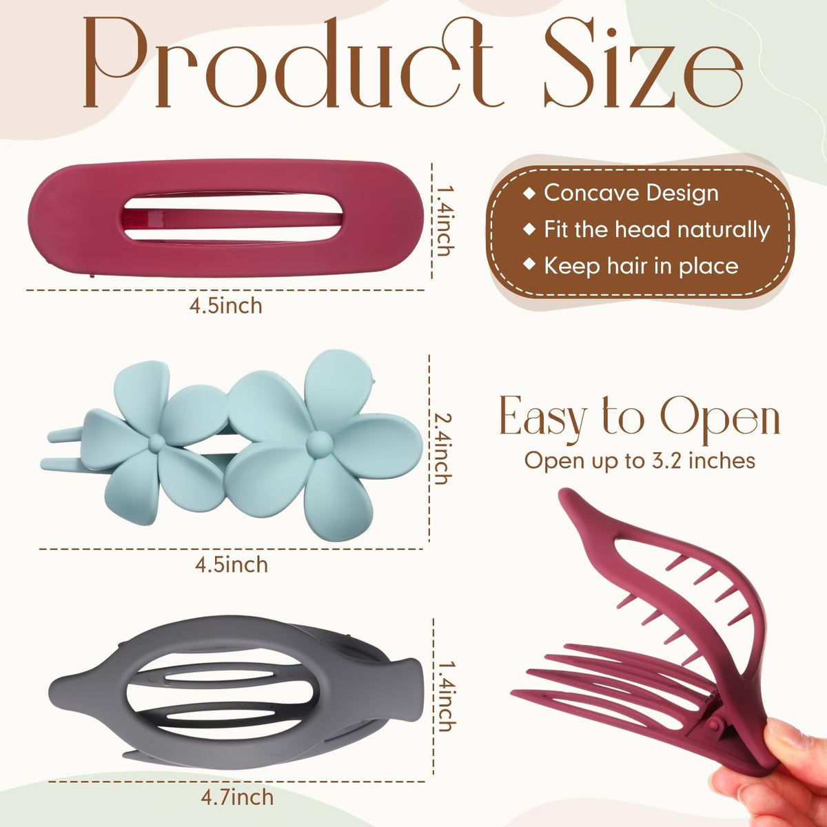 18 Pack Flat Hair Clips Set with 3 Styles - Claw, Flower, French