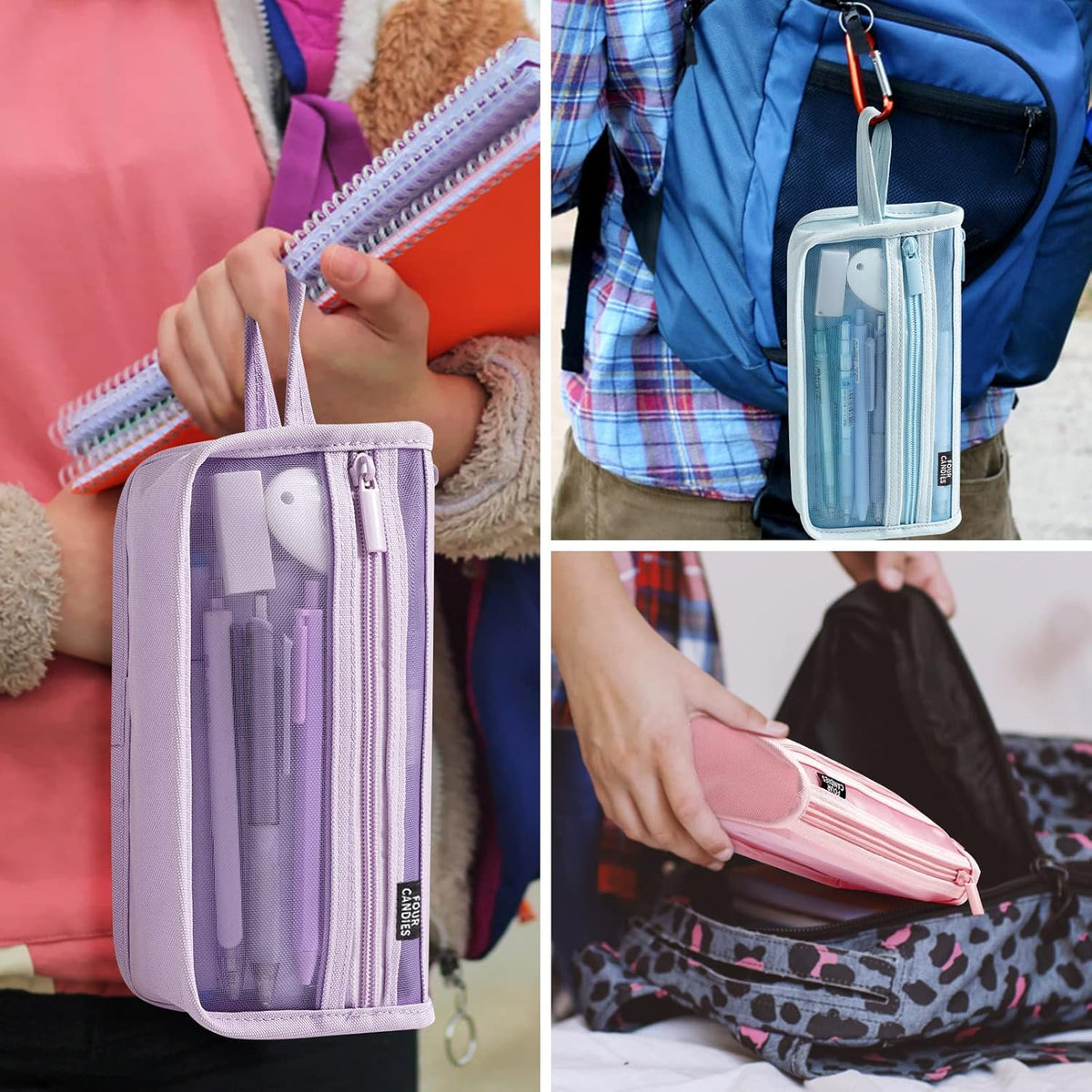 Large Capacity Clear Mesh Pencil Case with Handle, Double Layer Zipper Storage