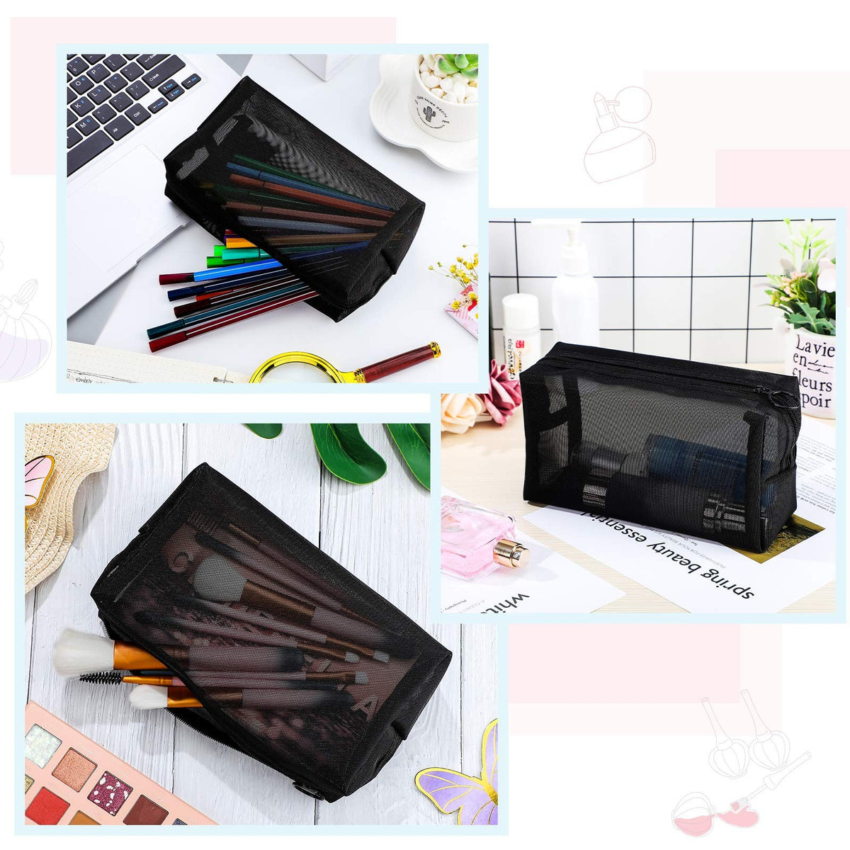 Mesh Makeup Bags with Zipper - Lightweight Cosmetic Pouch Set, Black