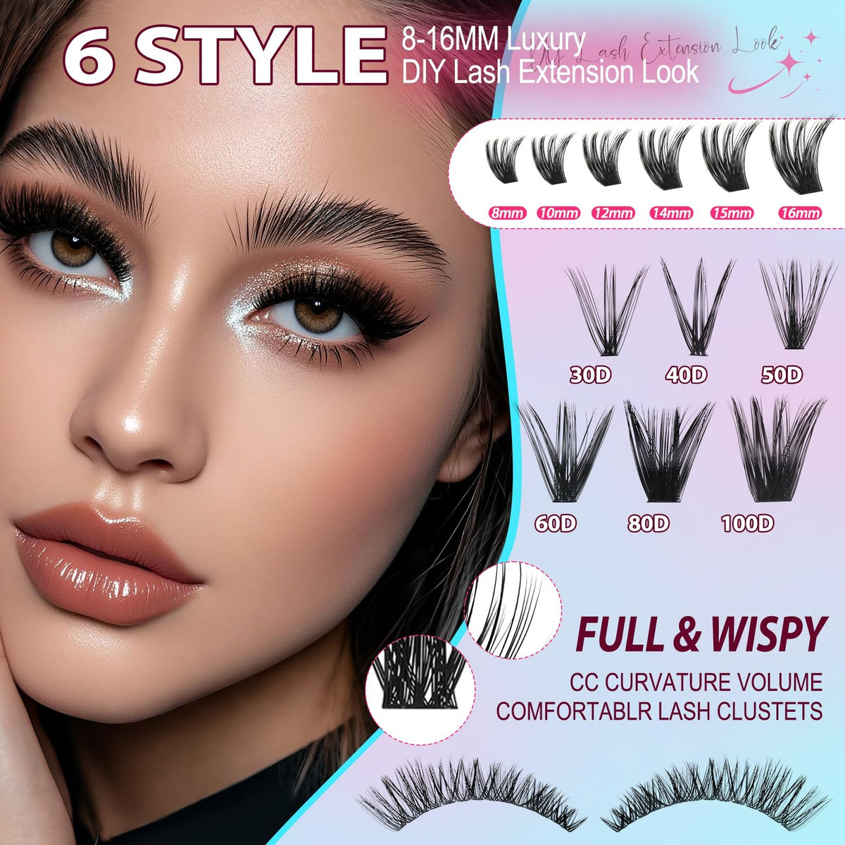 Professional Lash Cluster Kit 708pcs with Bond, Tweezers & 6 Styles