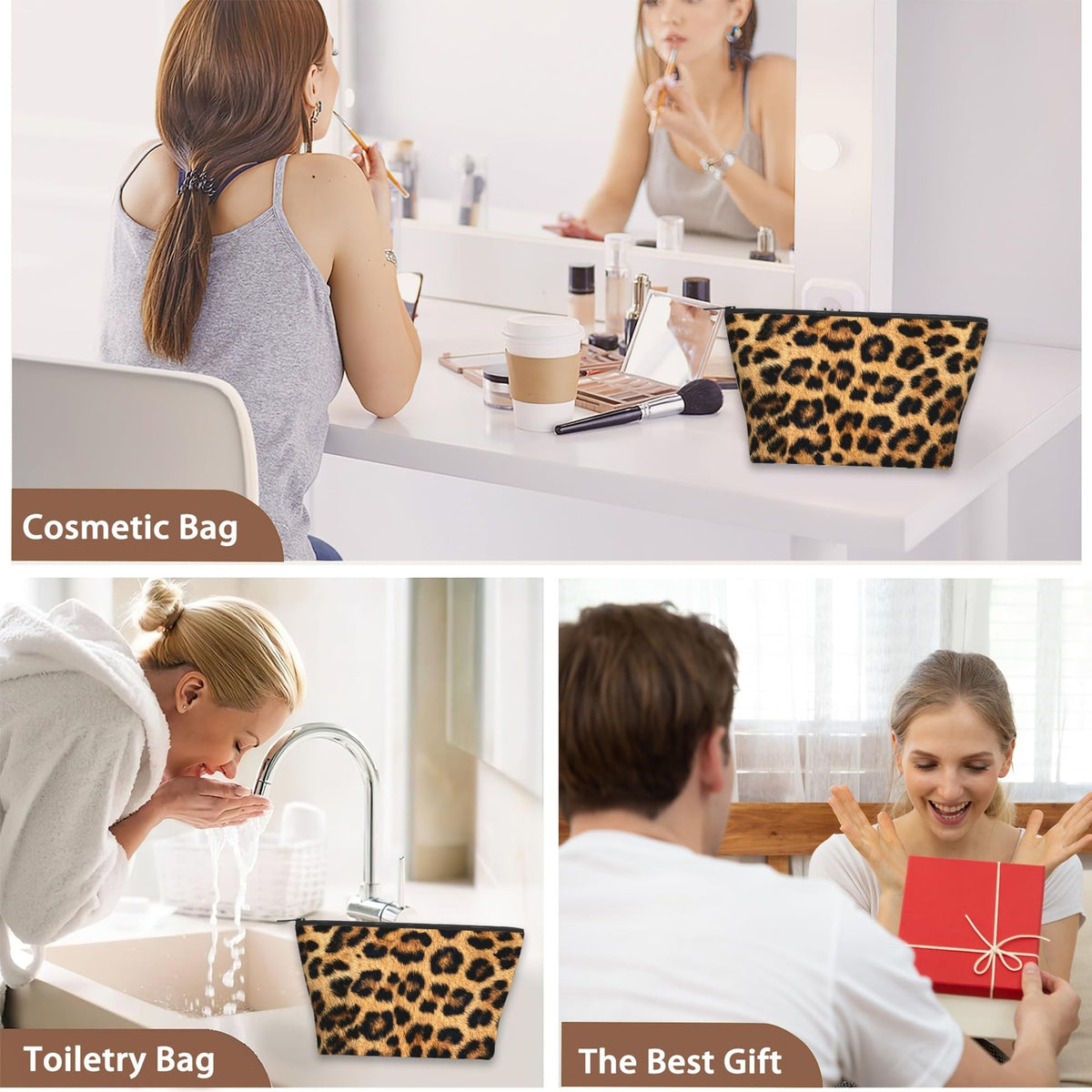 Brown Leopard Print Makeup Bag - Portable Cosmetic Organizer for Women