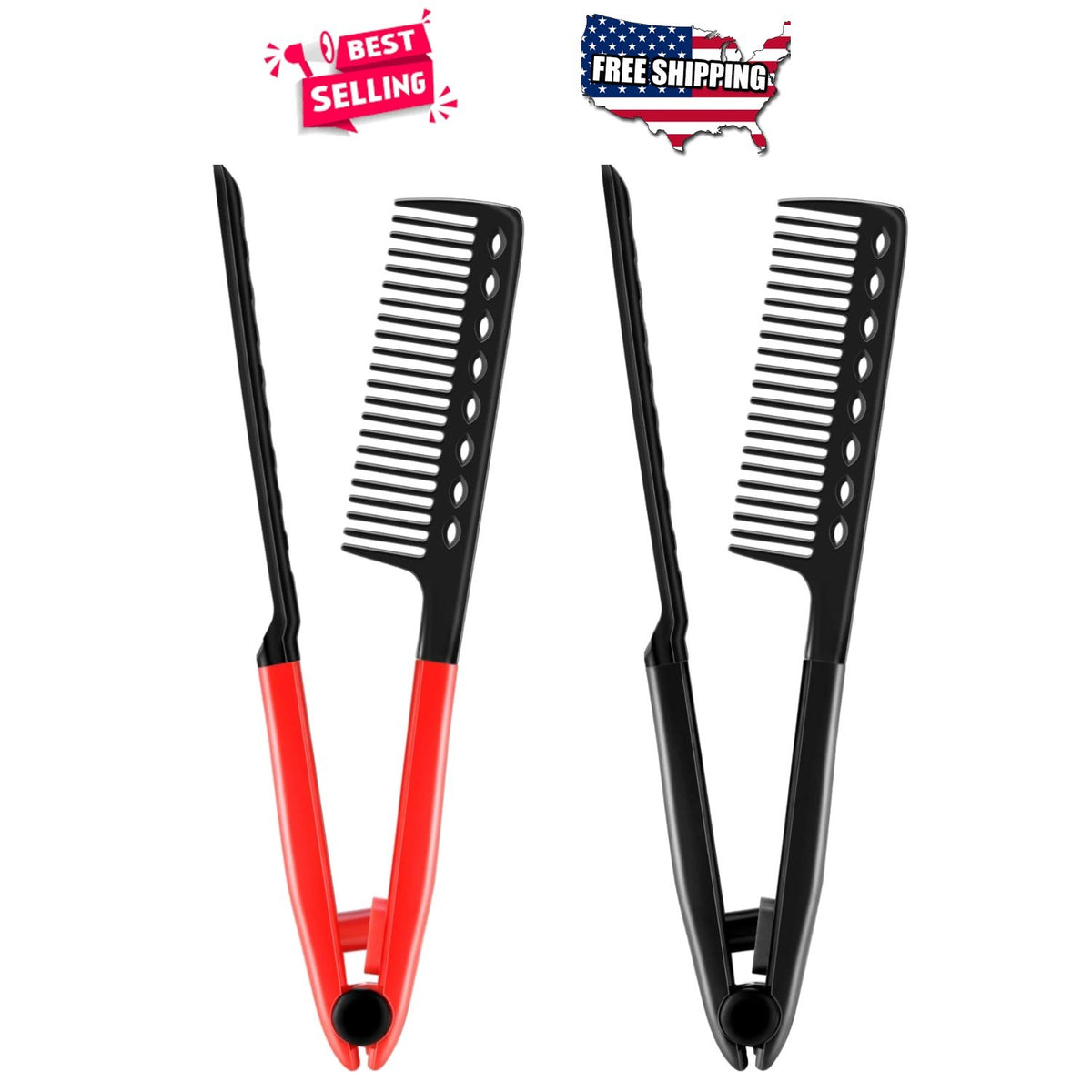 V-Shaped Hair Straightening Comb Set - 2 Pack, Red & Black, Travel Friendly