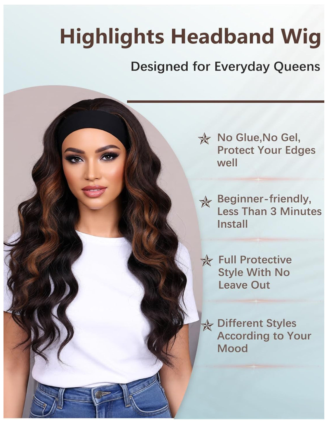 Long Body Wave Synthetic Headband Wig - Glueless 24 Inch for Black Women