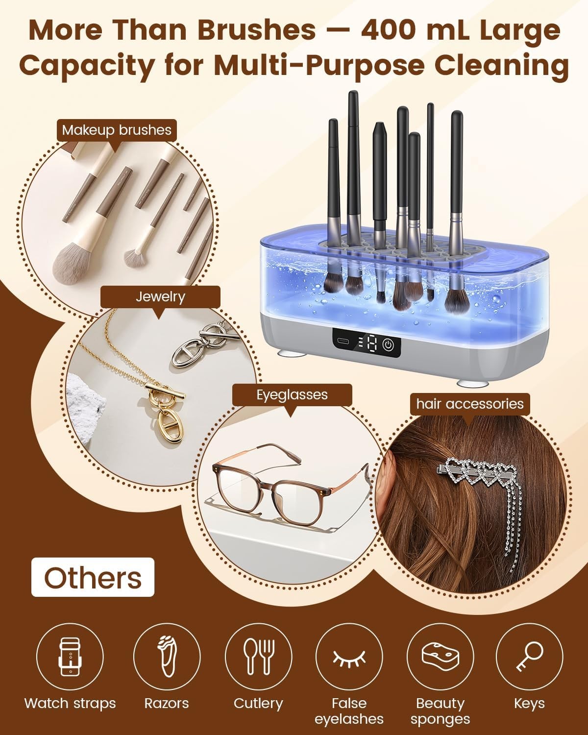 Ultrasonic Makeup Brush Cleaner Machine, 45KHz USB Rechargeable, 3 Timer Modes