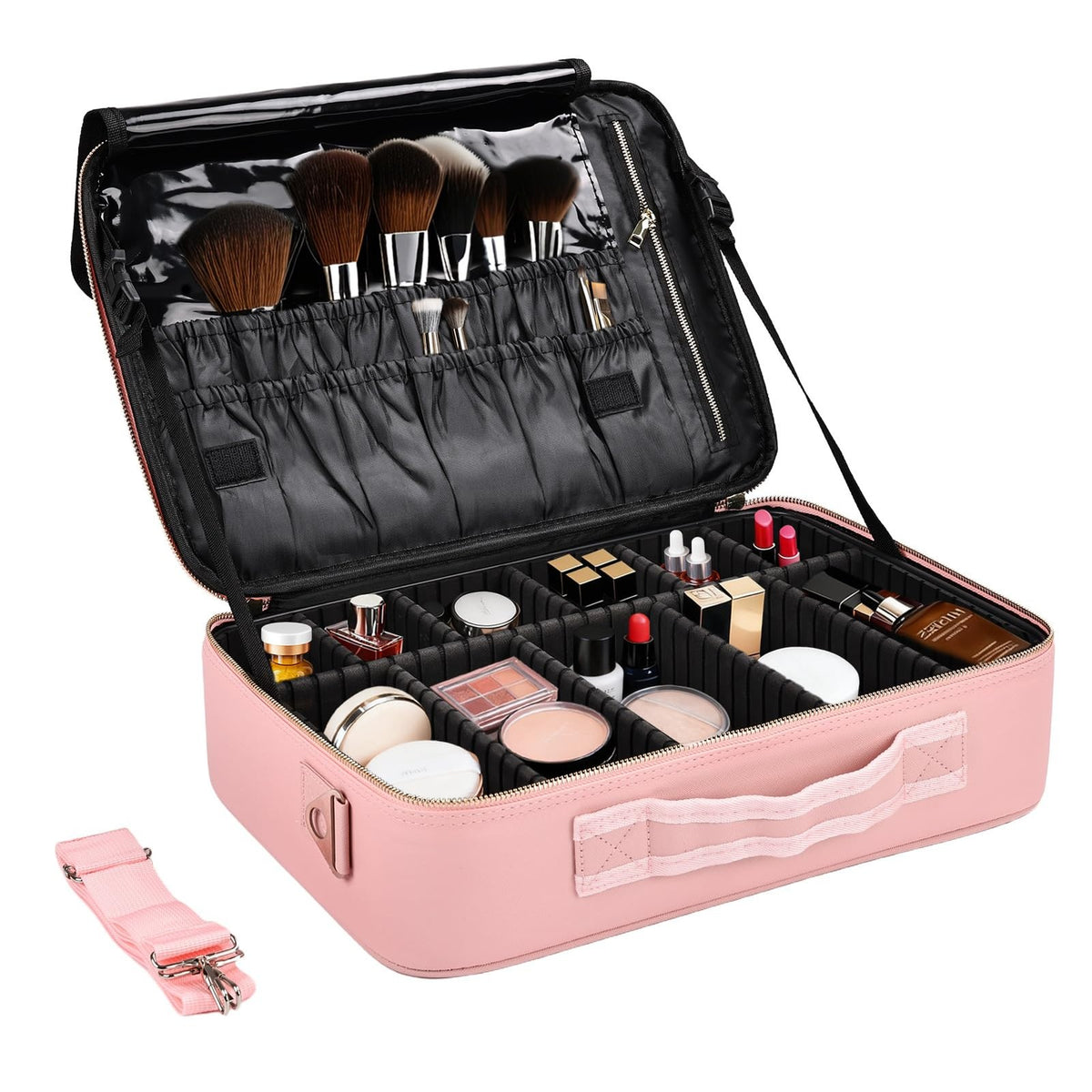 Large Travel Makeup Case Organizer - Waterproof PU Leather Cosmetic Bag with 10 Removable Dividers