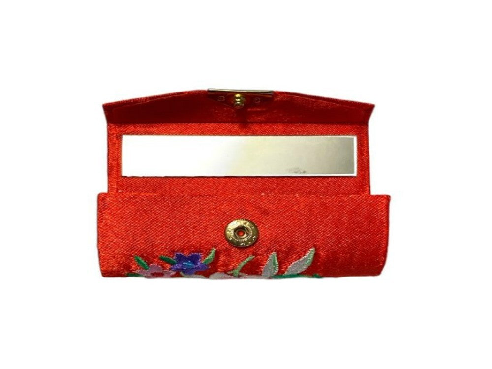 Satin Embroidery Lipstick Case with Mirror - Compact Travel Makeup Storage