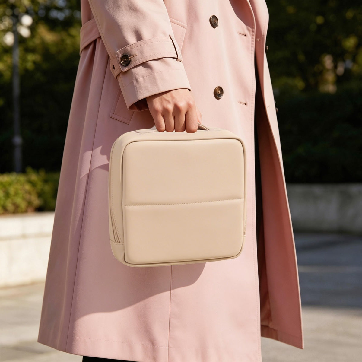Large Stand-Up PU Cosmetic Bag with Multi-Layered Interior & Handle