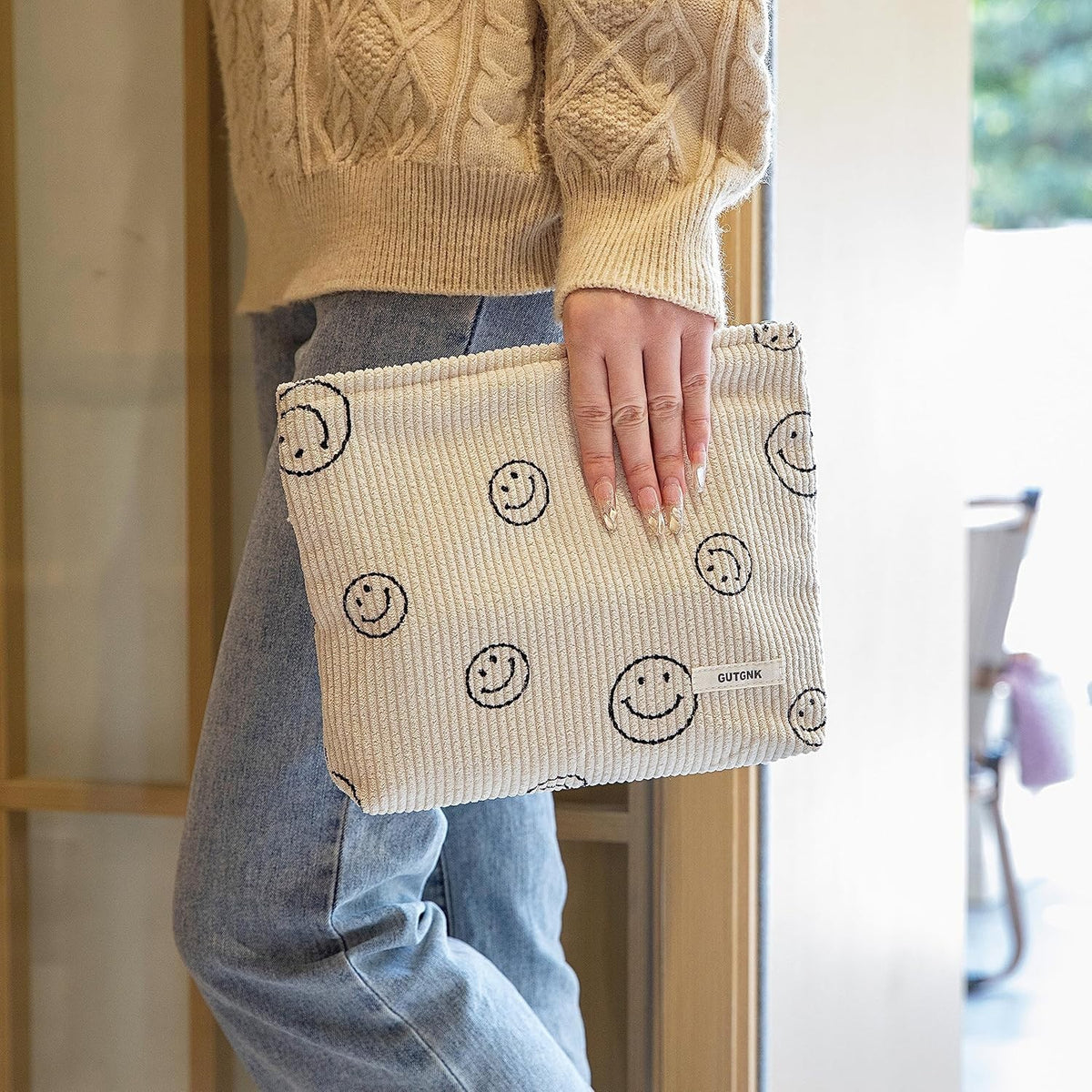 Corduroy Makeup Bag for Women - Aesthetic Ladies Tote with Smiling Faces