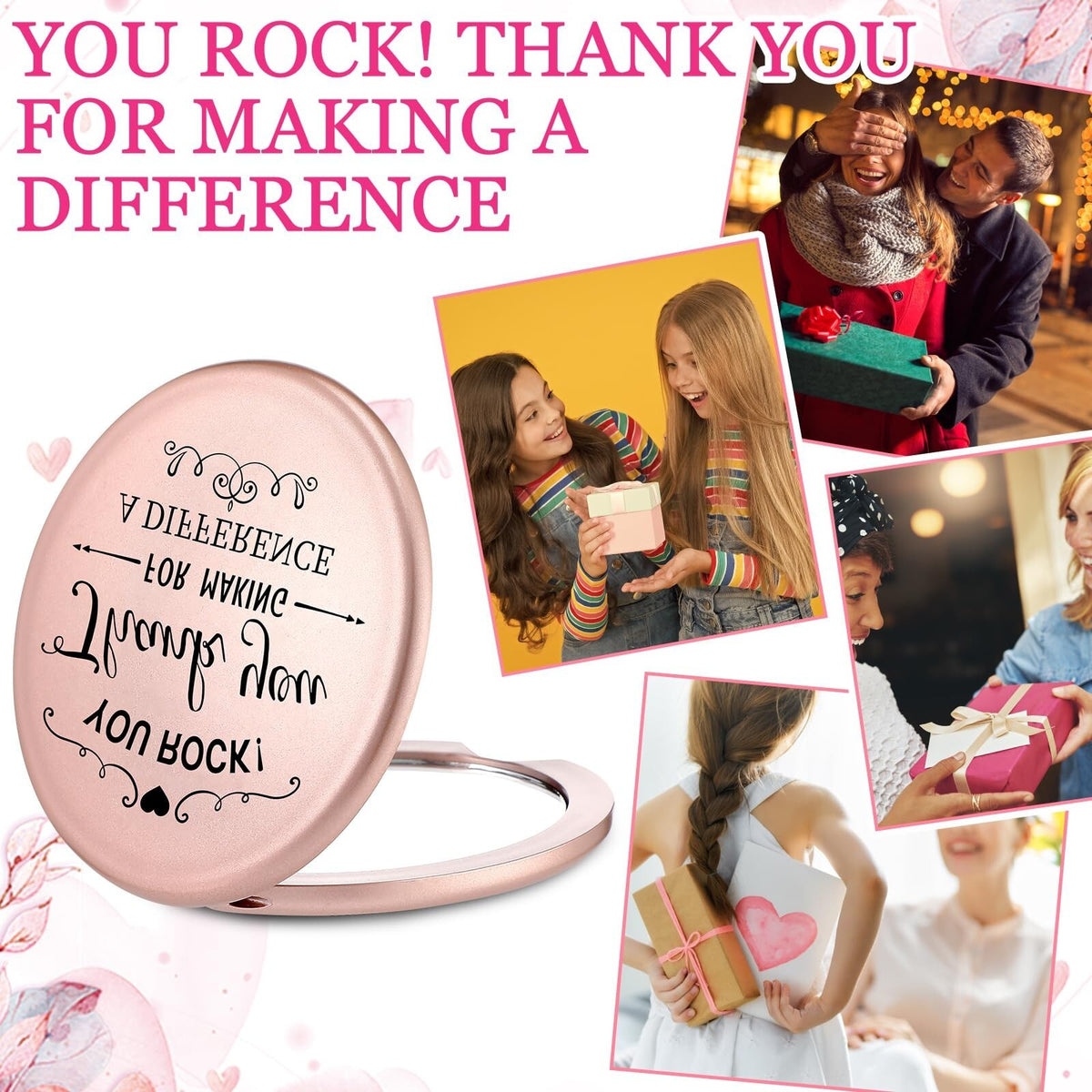 Inspirational Compact Mirror Set with Thank You Cards - Rose Gold Gift for Women