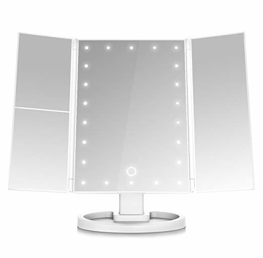 Tri Fold Makeup Mirror with Dimmable LED Lights, Magnifiers, USB or Battery Power