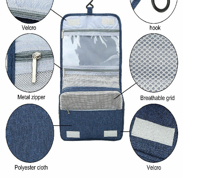 Navy Blue Travel Cosmetic Bag with Waterproof Lining and Multiple Compartments