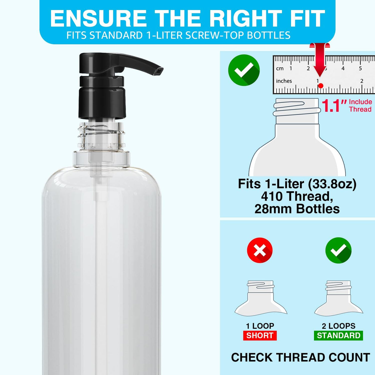 Universal Shampoo & Conditioner Dispenser Pumps - 6 Pack for 1 Liter Bottles