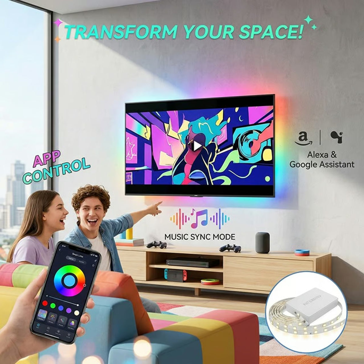 Smart WiFi LED Strip Lights 10FT RGB Dimmable Compatible with Alexa & Google