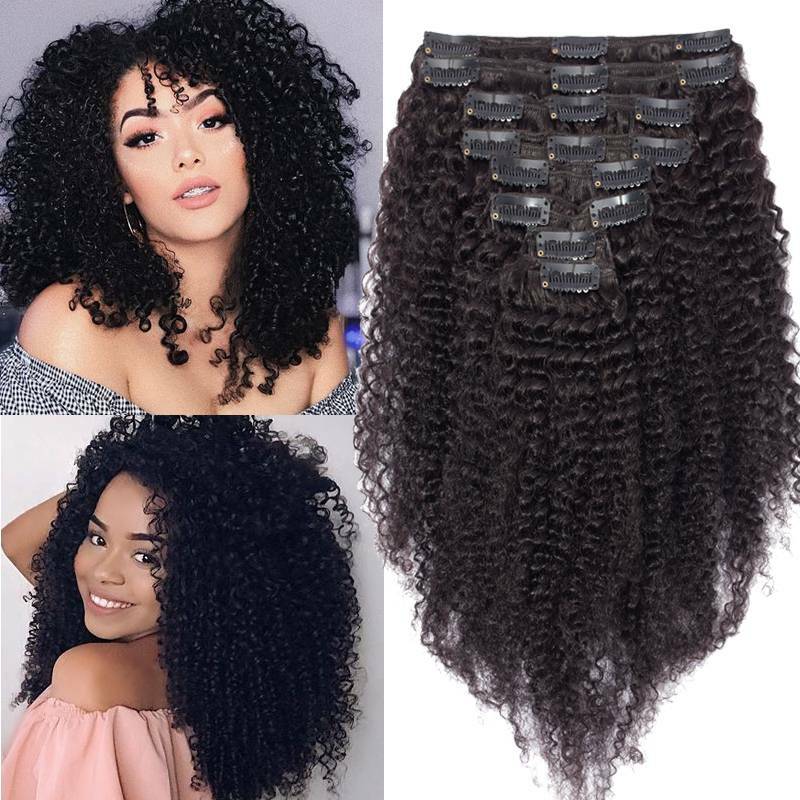 Double Weft Clip-In Afro Kinky Curly Human Hair Extensions Full Head