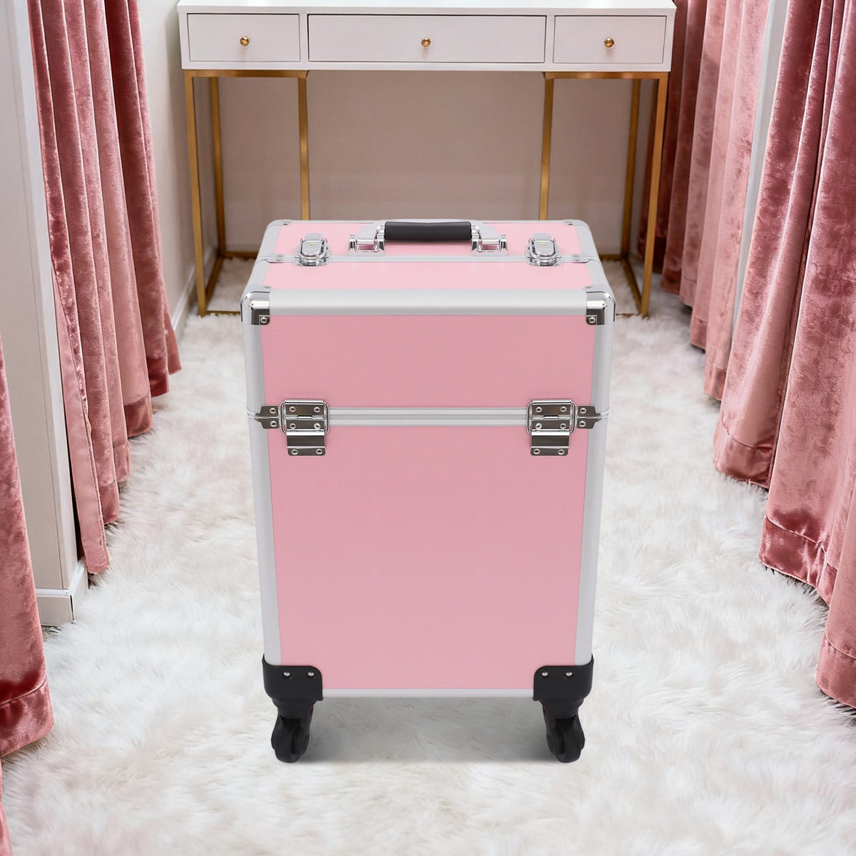 Pink Aluminum Rolling Makeup Train Case with 4 Trays & Retractable Handle