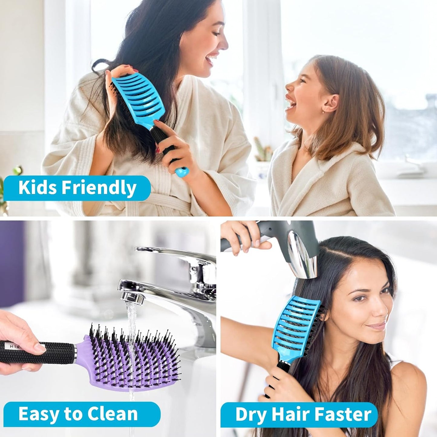 Boar Bristle Hair Brush Set of 2 for Detangling and Smoothing - Wet & Dry Hair