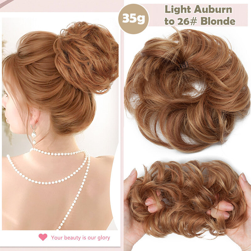 Natural Human Hair Messy Bun Ponytail Extensions with Curly Scrunchie Updo