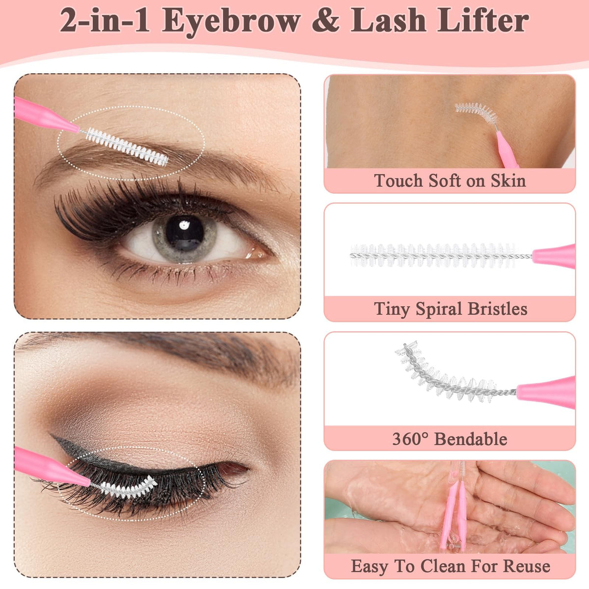 120 Pcs Micro Eyebrow Lash Brush Set with Caps for Makeup & Lamination - Pink
