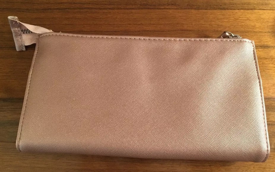Metallic Rose Gold Faux Leather Makeup Bag - Slim Cosmetic Pouch with Zipper & Wristlet