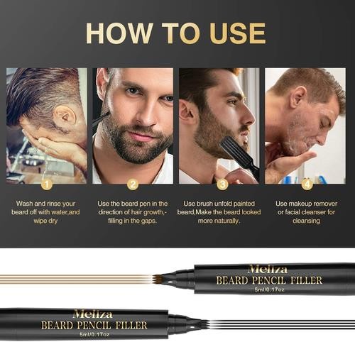Beard Pencil Filler, Meliza Pen, Waterproof & Sweat Proof Color Brown