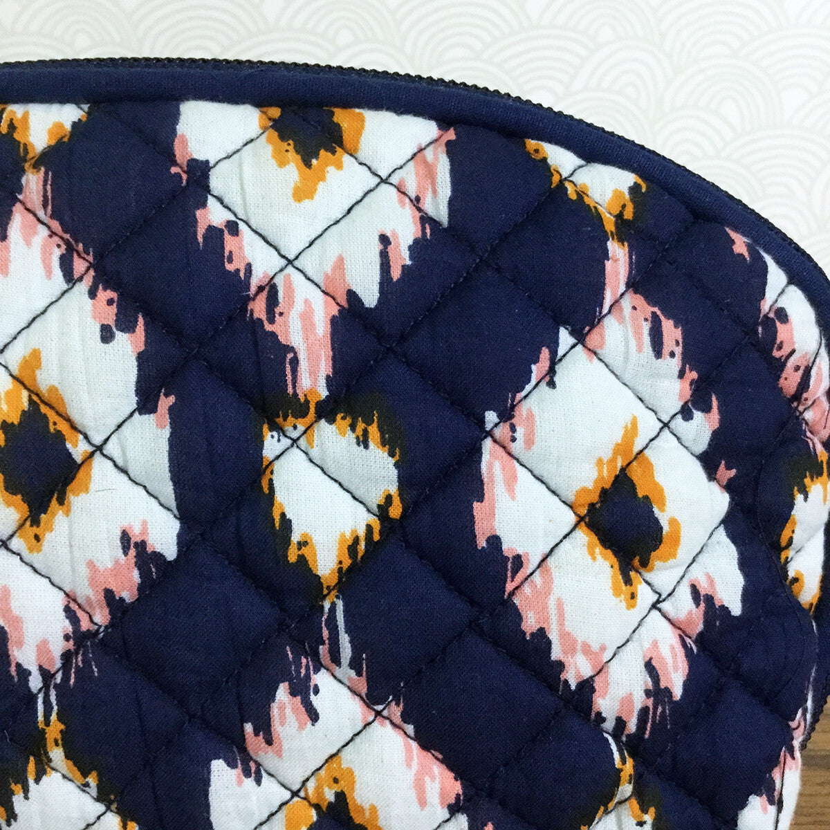 Travel Cosmetic Bag with Double Zipper Navy Blue Ikat Pattern 7-Inch Organizer