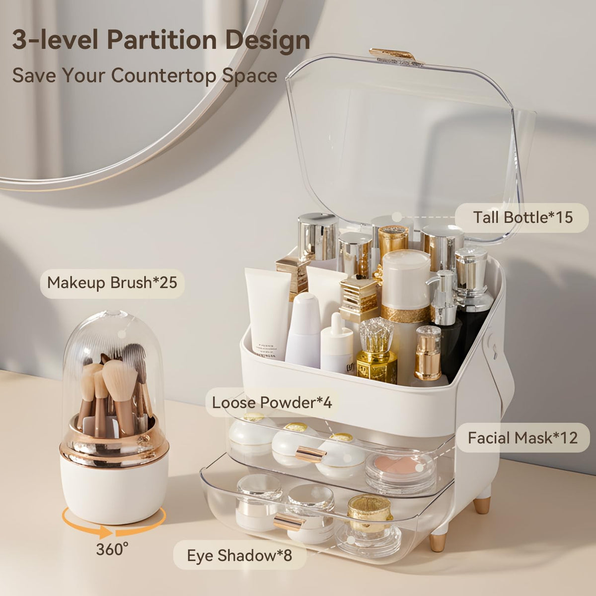 Rose Gold Makeup Organizer with Drawers & Brush Holder for Vanity