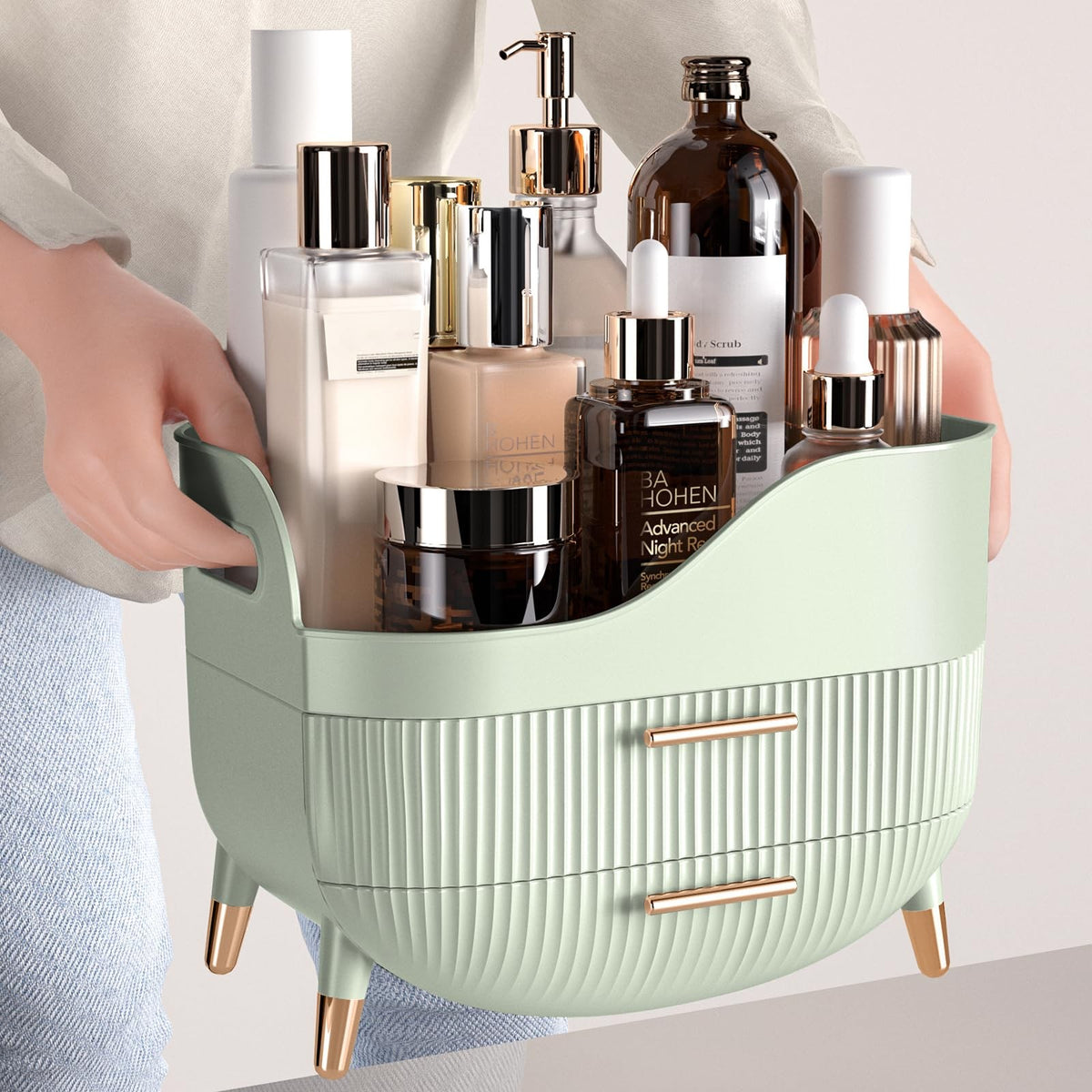 Makeup & Skincare Organizer with Drawers - Vanity Storage Box, Green