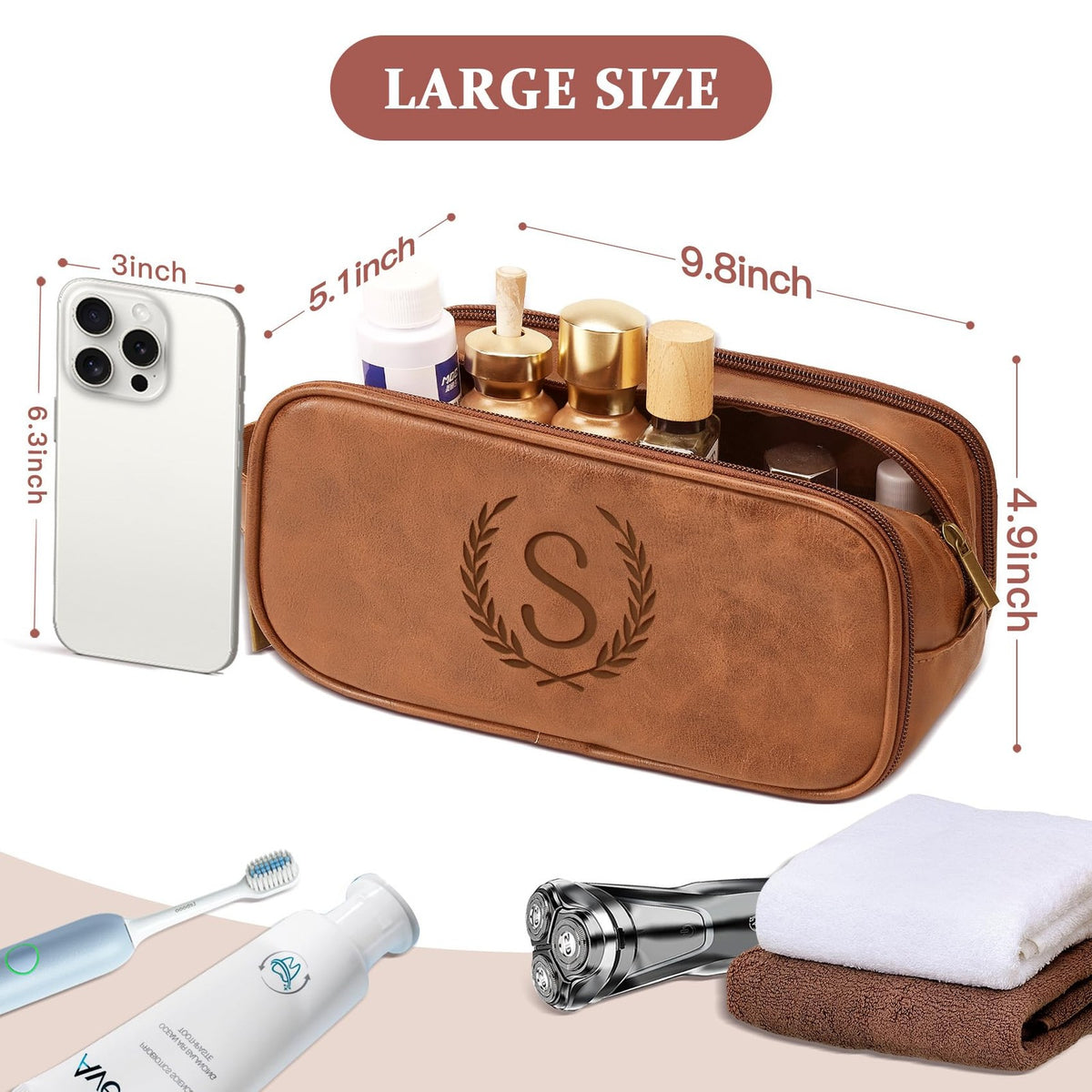 Men's Waterproof Travel Shaving & Grooming Bag with Initials - Leather Dopp Kit