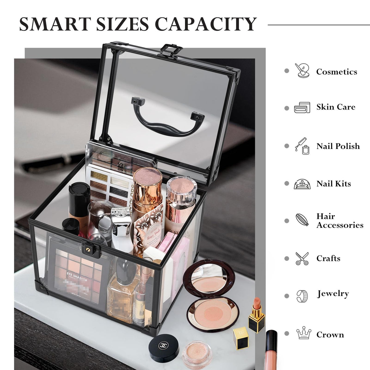 Portable Clear Makeup Organizer Case with Lockable Handle - Travel Cosmetic Storage Box