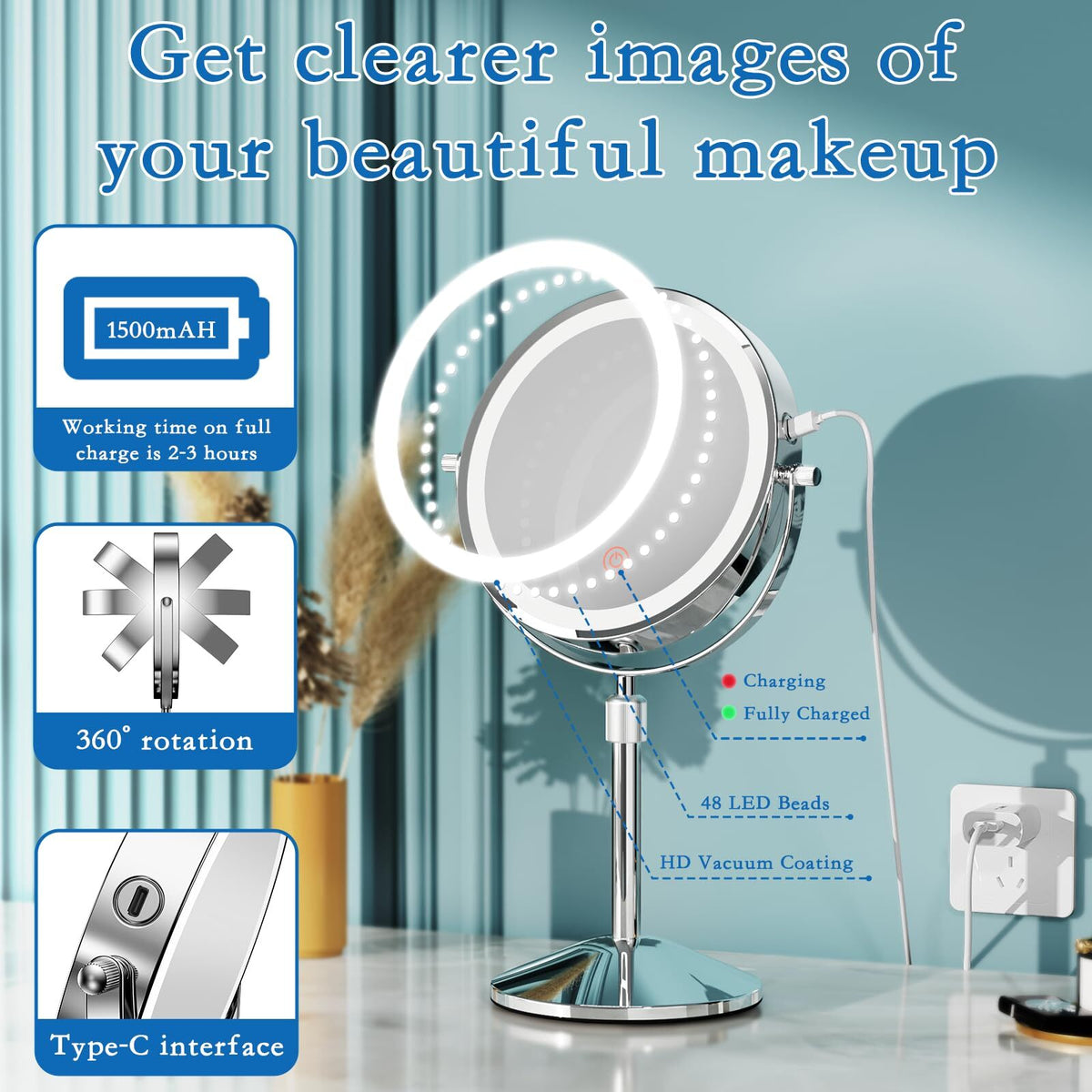 7-Inch Rechargeable Double Sided Lighted Vanity Mirror with 10X Magnification & Adjustable Height