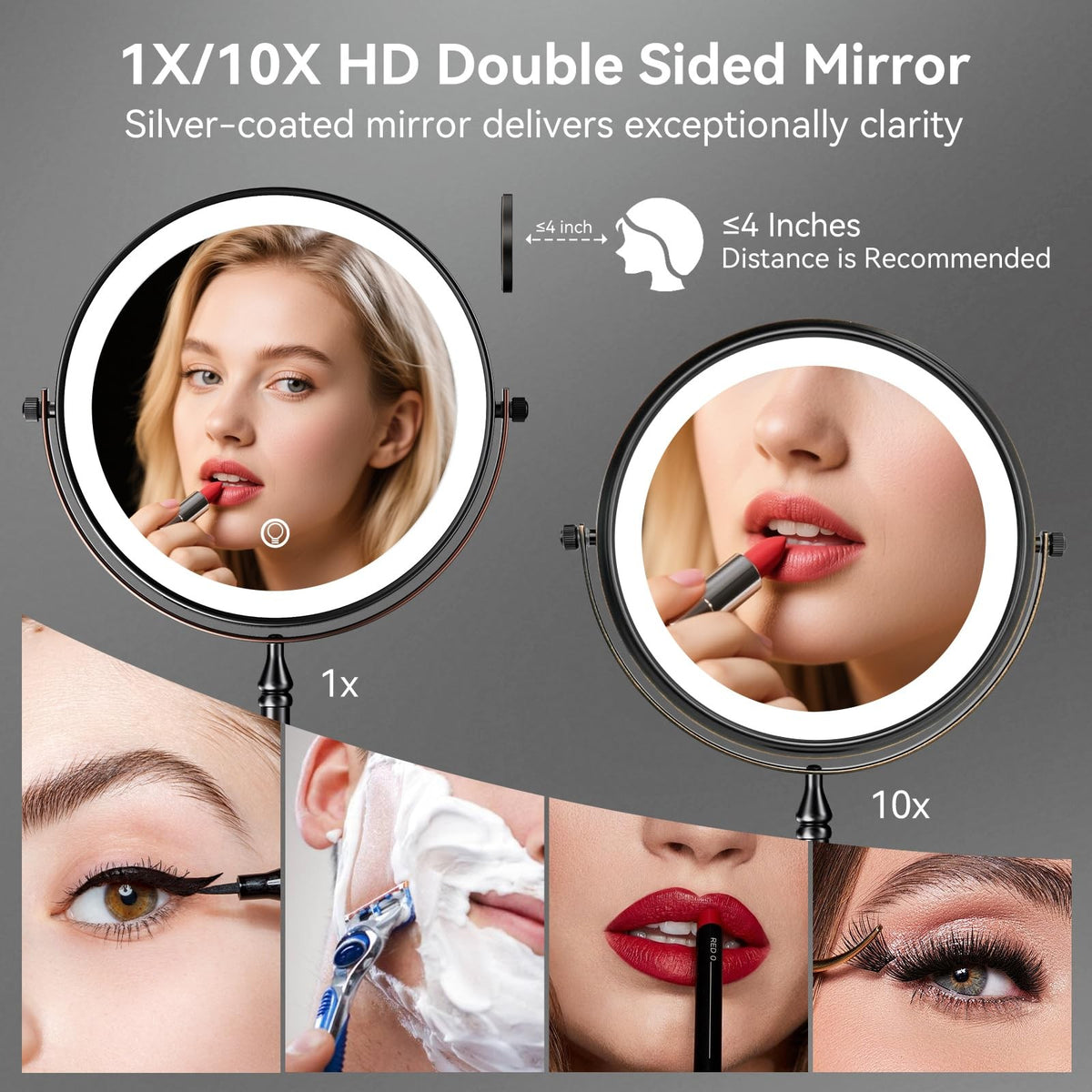 Rechargeable LED Makeup Mirror with Lights and 10X Magnification - Vanity Desk Lighted Mirror