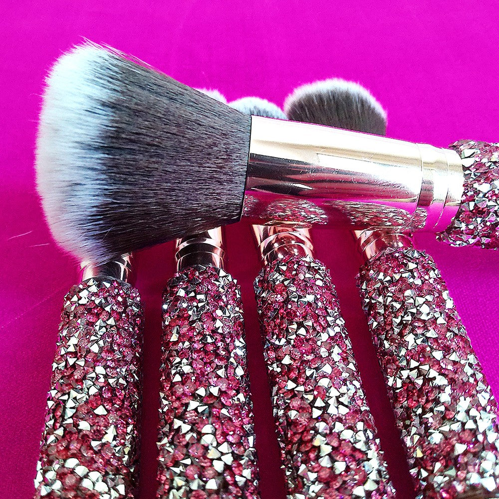 Pink Diamond Inlaid Handmade Makeup Brush Set - 10-in-1 Cosmetic Brushes with Bag
