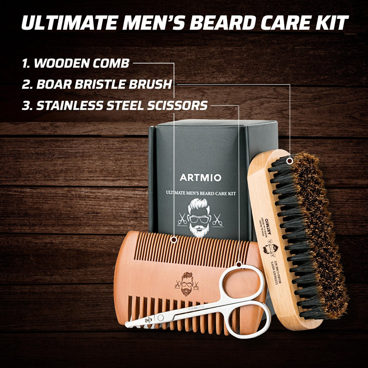 Men's Beard Grooming Kit with Brush, Comb & Scissors - Travel Size