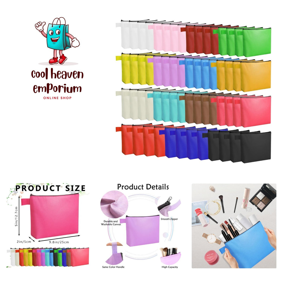 60 Pcs Canvas Makeup Bags Bulk Travel Cosmetic Organizer with Zipper
