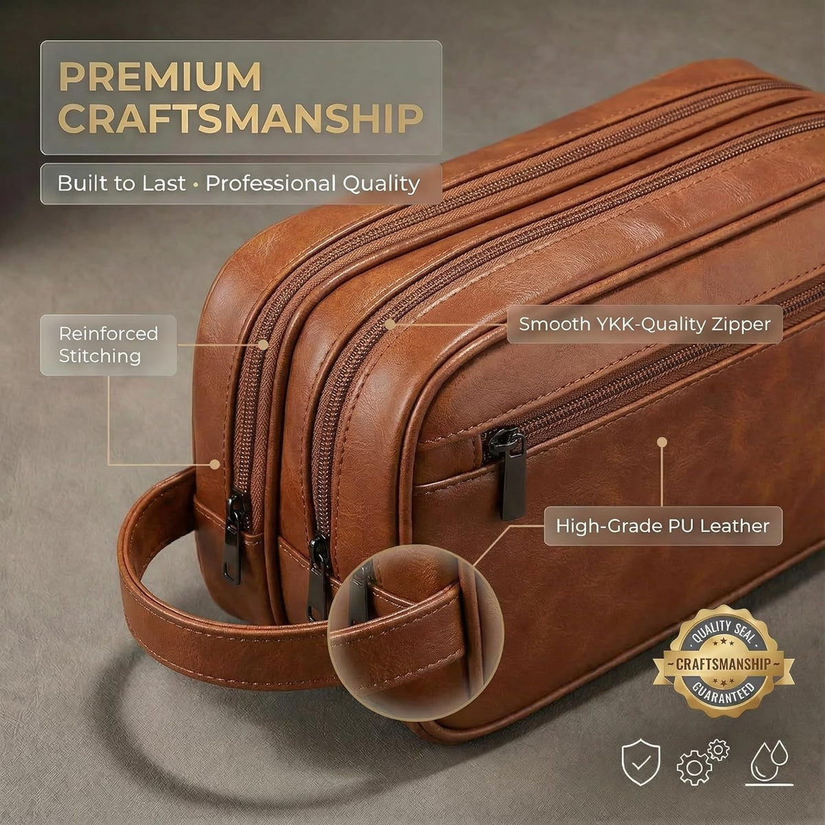Men's Leather Travel Toiletry Bag Double Deck Waterproof Grooming Organizer