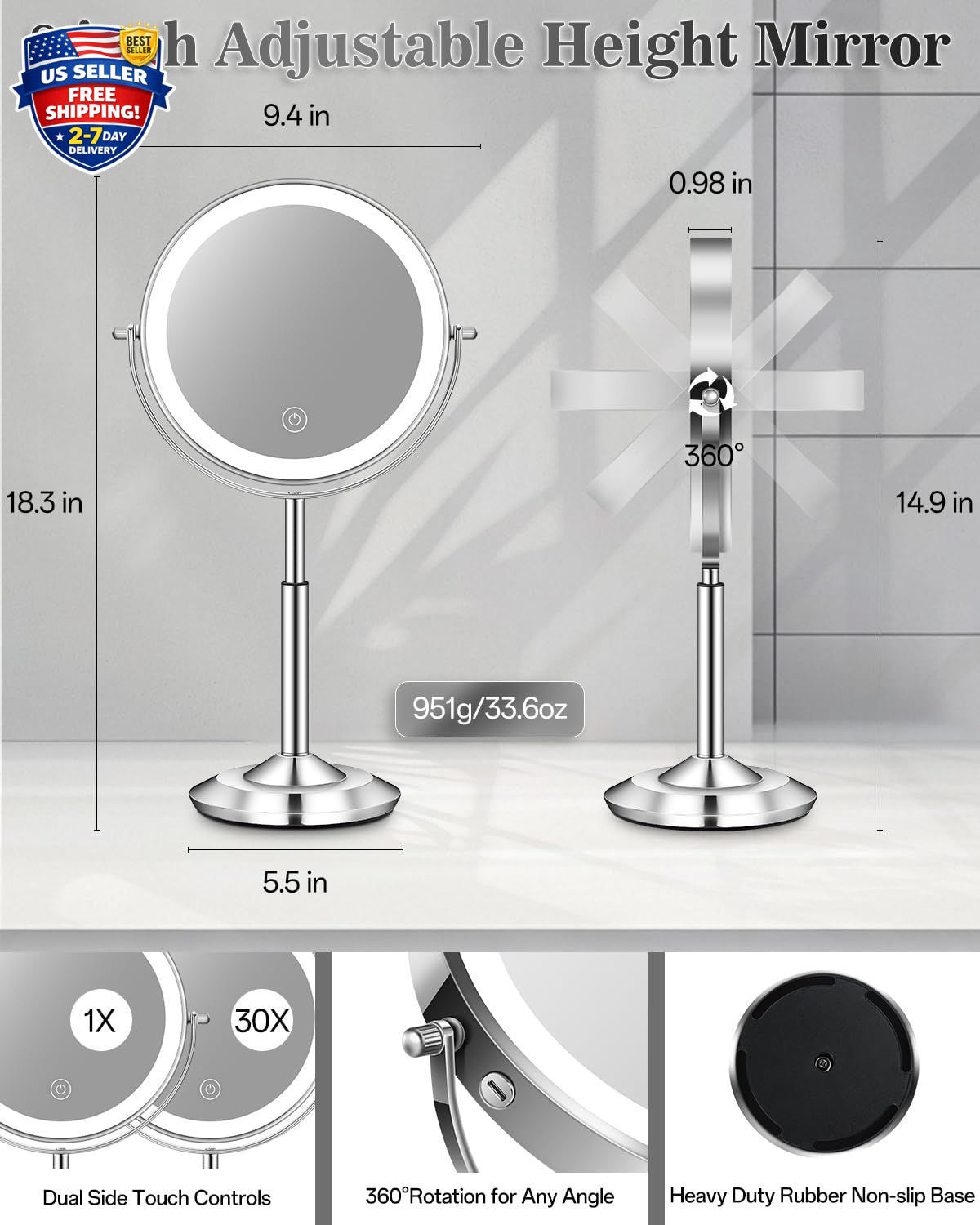Adjustable Lighted Makeup Mirror with 30X Magnification and Rechargeable LEDs
