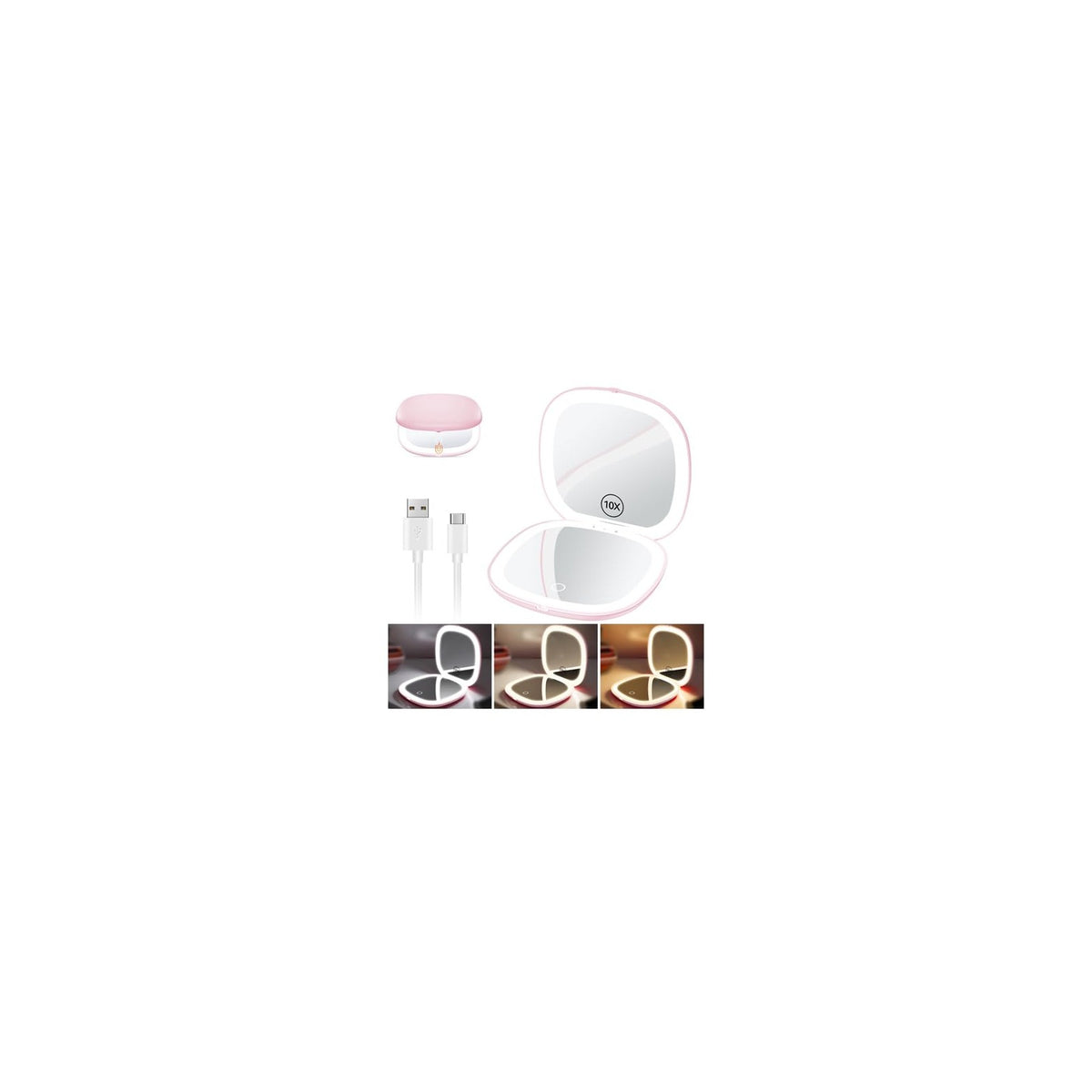 Rechargeable 3-Color LED Lighted Compact Makeup Mirror with 1X/10X Magnification