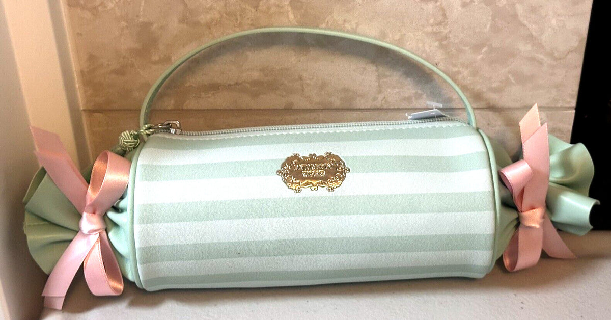 Bath & Body Works Candy Striped Cosmetic Bag with Green and Pink Bows - Sweetest Song Collection