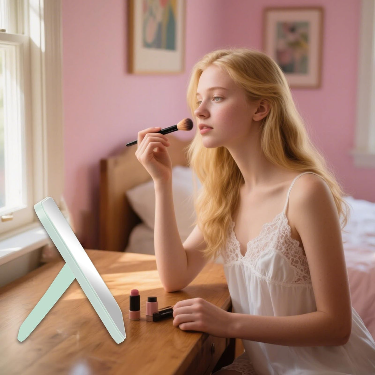 8 Inch Foldable Desktop Makeup Mirror with Stand & Wall Hanging