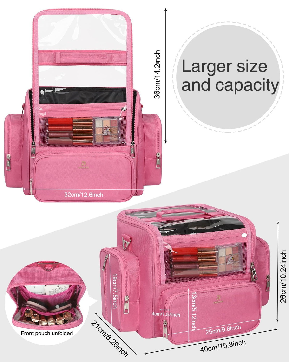 Large Pink Makeup Brush Bag with Clear Lid and Adjustable Dividers