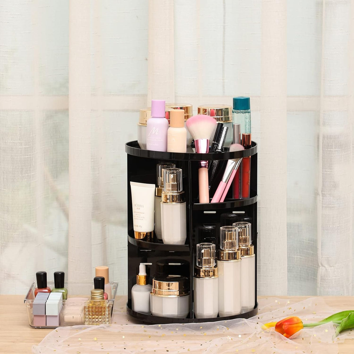 Rotating Makeup Organizer with Adjustable Layers - Vanity Storage, 360 Spin