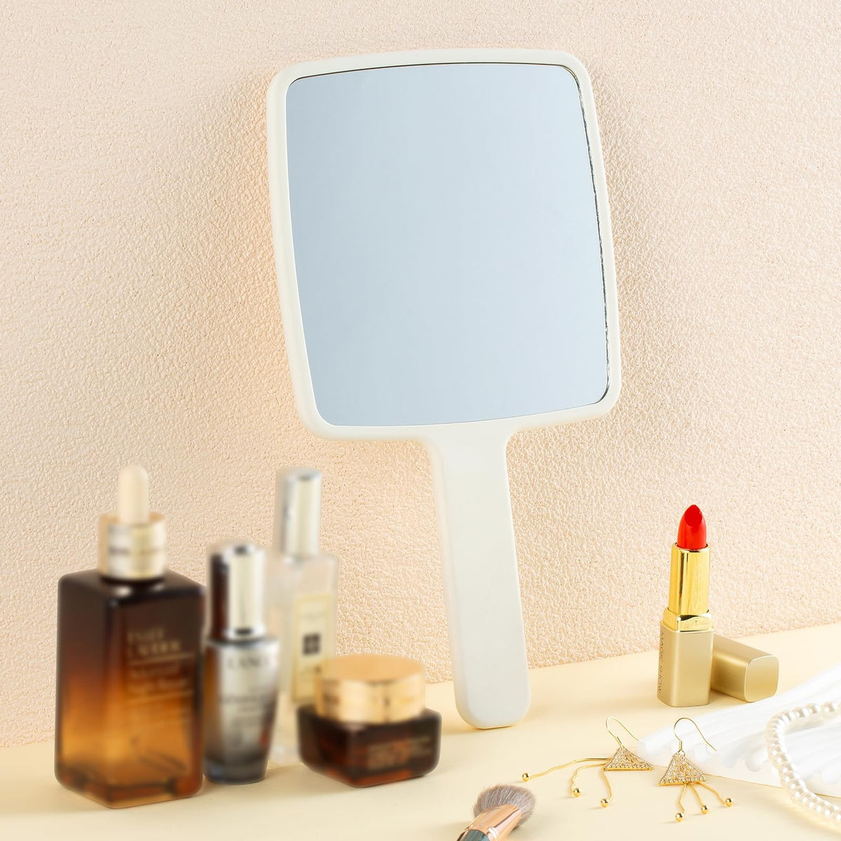 Portable White Handheld Mirror with Handle for Makeup & Shaving