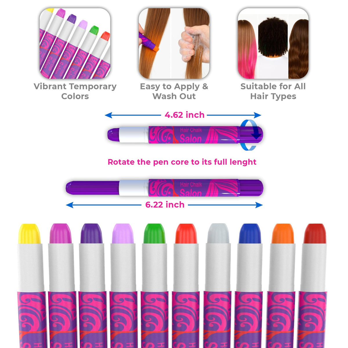 Hair Chalk Set - 10 Washable Colors for Kids