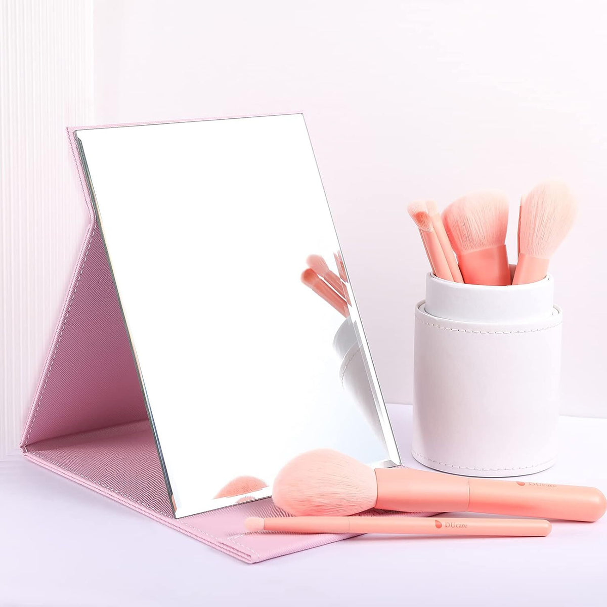 Portable Folding Vanity Mirror with Stand - Pink, Unbreakable, Travel-Ready